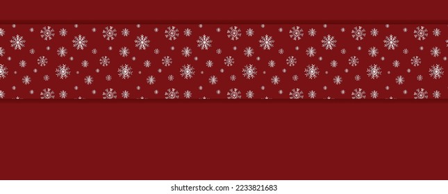 Festive seamless snowflake border isolated on red background, Christmas design for postcard or greeting card. Vector illustration, merry Xmas snow flake header or banner, wallpaper or backdrop