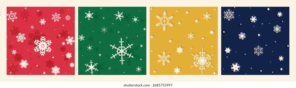 Festive seamless snowflake patterns on red, green, gold and navy backgrounds. Perfect for wrapping paper, cards, textiles and holiday designs.