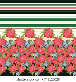 Festive seamless striped border in bright poinsettia. Regular order. Holiday floral background for wallpapers, textile, wrapping paper. Christmas millefleurs.