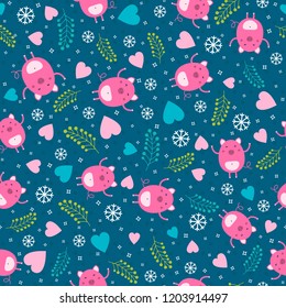 Festive seamless texture with cute piglets. Symbol of the New Year 2019. Vector illustration.