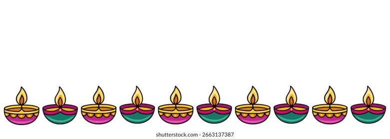 Frontera festiva de Vector sin costuras con lámparas ornamentadas Diya, perfecto para Diseños Festiva de Diwali o de la India.