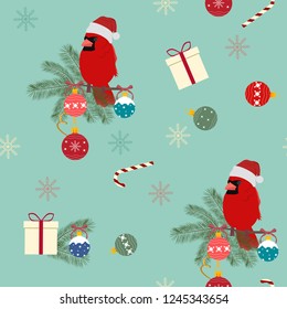 Festive seamless vector illustration with bird Cardinal in Santa hat and New Year balls. For decoration of textiles, packaging, web design.