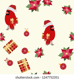 Festive seamless vector illustration with bird Cardinal in Santa hat and gifts. For decoration of textiles, packaging, web design.