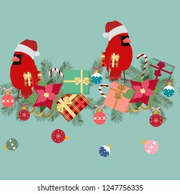 Festive seamless vector illustration with bird Cardinal in Santa hat,poinsettia,twig spruce, gifts. For decoration of textiles, packaging, web design.
