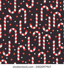 Festive seamless vector pattern with candy cane and berries on a dark background. Happy New Year and Merry Christmas