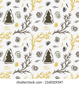 Festive Seamless vector pattern. Christmas tree, twigs and snowflakes. Gold, gray, brown pastel colors on a white background. Winter illustration for fabric design, packaging.  Happy New Year!