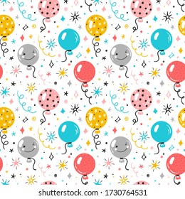 Festive Seamless Vector Pattern with Cute Balloons and Stars Doodles. Colorful Cartoon Balloons Background, Stars and Serpentine Confetti Pieces. Holiday or Birthday Party Design for Kids