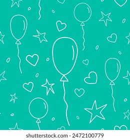 Patrón de Vector sin costura festivo con globos lindos, corazones y estrellas. Antecedentes para niños. Diseño de fiesta de cumpleaños