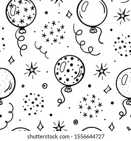 Festive Seamless Vector Pattern with Doodle Cute Balloons and Stars. Black and White Background for Kids with Cartoon Balloon, Star, Serpentine and Confetti Pieces. Holiday or Birthday Party Design