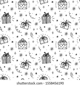 Festive Seamless Vector Pattern with Doodle Gift Boxes and Stars. Black and White Background with Cartoon Gifts, Star, Serpentine and Confetti Pieces. Holiday or Birthday Party Design