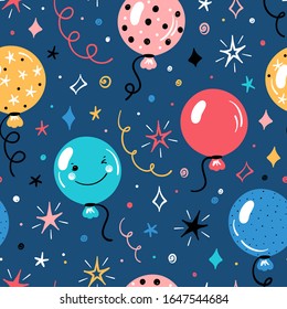 Festive Seamless Vector Pattern with Doodle Cute Balloons and Stars. Colorful Background for Kids with Cartoon Balloon, Star, Serpentine and Confetti Pieces. Holiday or Birthday Party Design