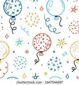 Festive Seamless Vector Pattern with Doodle Cute Balloons and Stars. Colorful Background for Kids with Cartoon Balloon, Star, Serpentine and Confetti Pieces. Holiday or Birthday Party Design