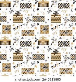 Festive seamless vector pattern with gift boxes, stars and music notes on white background. Handwritten text "Happy", gold, black and white color scheme and confetti. 