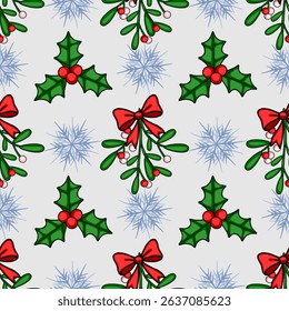Festive Seamless Vector Pattern with Holly, Mistletoe, and Snowflakes for Christmas Design Projects