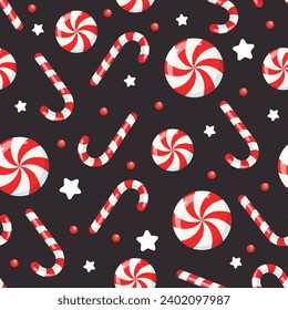 Festive seamless vector pattern with lollipop cane, round lollipops, stars and berries on a dark background. Happy New Year and Merry Christmas