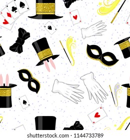 Festive seamless vector pattern. Magic collection: hat, hare ears, magic wand, deck of gambling cards, mask and gloves. Fantastic set on a white background - printing of covers and wallpaper