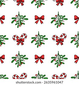 Festive Seamless Vector Pattern with Mistletoe, Candy Canes, and Bows: A Cheerful Christmas Design