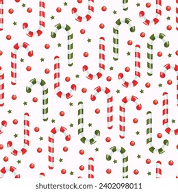 Festive seamless vector pattern with red and green candy cane and berries on a white background. Happy New Year and Merry Christmas