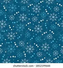 
festive seamless vector pattern with snowflakes and snow for new year for textile on blue background