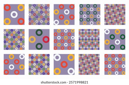 Festive seamless vector patterns with colorful rings and circles, perfect for Christmas, Xmas, and New Year designs. Great for holiday-themed backgrounds, textiles, wallpapers, and seasonal decor