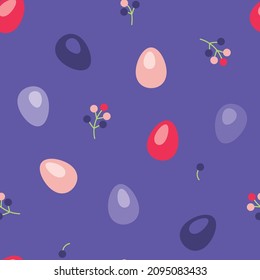 Festive seamless vector patterns for Happy Easter. Colorful eggs and branches with leaves and berries on a color very peri. Multi-colored painted eggs on a purple background. 