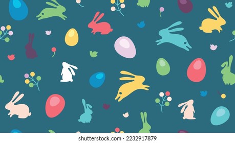 Festive seamless vector patterns for Happy Easter. Colorful eggs, rabbits, birds and branches with leaves and berries on a color very peri. Multi-colored painted egg and bunny on a blue background
