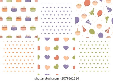 Festive seamless vector patterns set. Birthday cakes, balloons, hats, hearts, cupcakes with candles. Collection of multi-colored templates for printing packaging, fabrics and paper.
