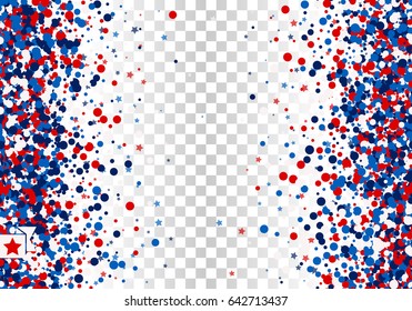 Festive seamless of vertical and horizontal background with scatter circles, stars in traditional American colors - red, white, blue. Isolated.