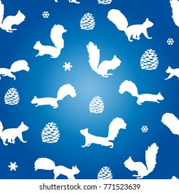 Festive seamless white squirrel pattern and snowflakes and forest bumps, on blue background, vector