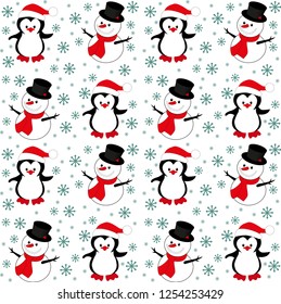 festive seamless winter pattern with snowflakes penguin and a snowman