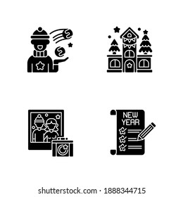 Festive season activity black glyph icons set on white space. Snowball fight. Christmas house decoration. Winter photography. New Year resolution. Silhouette symbols. Vector isolated illustration