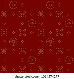 Festive season background oriental golden coins, flowers, diamonds on a red allover motif. Simple geometric pint block for flyers, banners, gift wrapping paper, textile bags, wallpaper flat design.