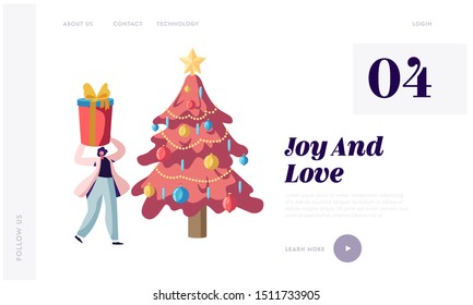 Festive Season Website Landing Page. Happy Woman Holding Huge Gift Box above Head Stand at Decorated Fir Tree Celebrate Christmas or New Year Holidays Web Page Banner. Cartoon Flat Vector Illustration