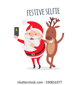 Festive Selfie. Santa makes festive selfie with reindeer. Cute photo with deer. Merry Christmas and happy New Year concept. Winter holiday illustration. Greeting card. Vector in flat style design