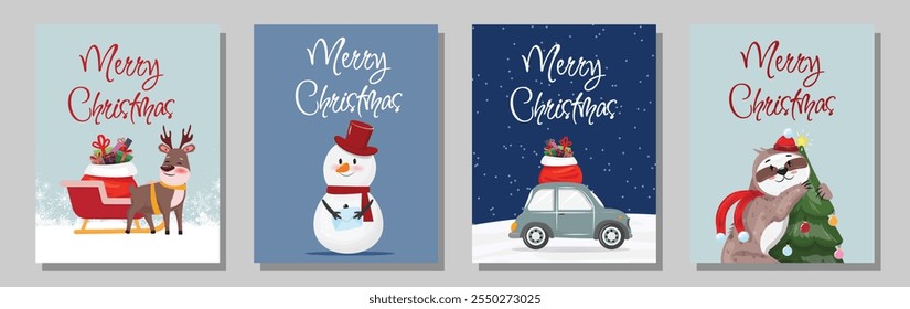 Festive set of 4 Christmas cards featuring reindeer, sleigh, snowman, car with gifts, and sloth on a Christmas tree