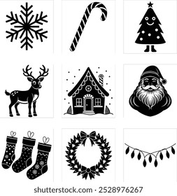 Festive set of 9 Christmas element vector illustrations, perfect for holiday designs.






