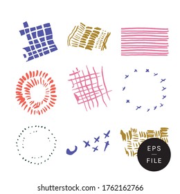 Festive set of abstract colorful Summer vector icons. July 4th atmosphere warm colors. Hand drawn design illustration elements. Ink symbols inspired by nature, holiday picnic, fireworks display parade