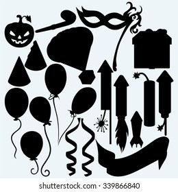 Festive set: balloon, rocket fireworks, gift box, pumpkin, mask for masquerade costumes and curling stream. Isolated on blue background. Vector silhouettes