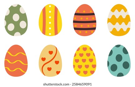 A festive set of beautifully decorated Easter eggs in various colors and patterns. This bright and joyful collection is great for holiday designs, greeting cards, kids' projects, and seasonal decor.