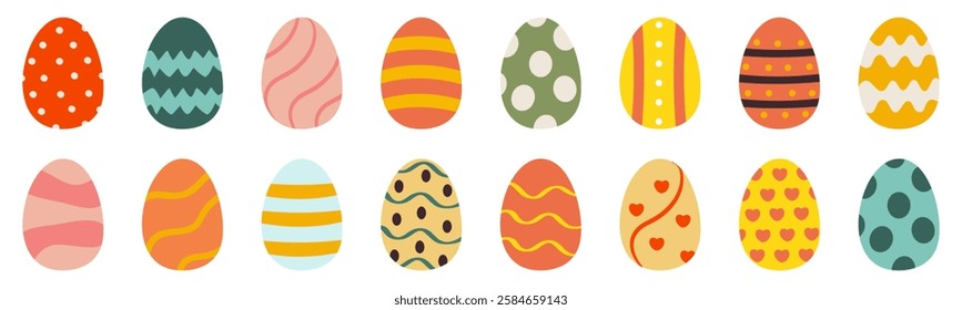 A festive set of beautifully decorated Easter eggs in various colors and patterns. This bright and joyful collection is great for holiday designs, greeting cards, kids' projects, and seasonal decor.