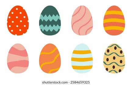 A festive set of beautifully decorated Easter eggs in various colors and patterns. This bright and joyful collection is great for holiday designs, greeting cards, kids' projects, and seasonal decor.