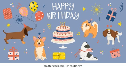 Festive set of birthday stickers in retro 90's style. Cute cheerful hand-drawn dogs in hats with cake, presents and balloons. Bright vector template for invitations, greeting cards, posters and more.