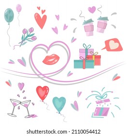 Festive set for birthday, valentine's day, mother's day, etc. Background vector love set elements couple cups coffee gifts hearts love drink balloons tulips lips cute clip-art romantic. Vector flat