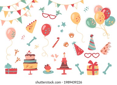 Festive set for birthday. Vector collection of hats, gifts, buntings, cakes, cupcakes, glasses and balloons. Dinosaur decorative elements, footprints and bones