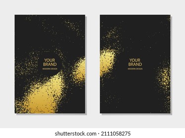 Festive set of black background, golden grunge texture with sparkles. Vertical templates are used as a decorative design element for a banner, cover, postcard and brochure.