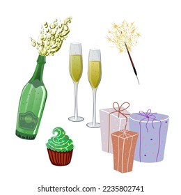 Festliches Set, eine Flasche Champagner, zwei Gläser Champagner, Sparkler und Geschenke.