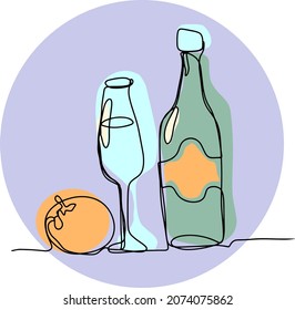 A festive set of a bottle of wine, a wine glass and a tangerine on a lilac background. Vector illustration with one line