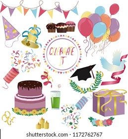 Festive set of bright vector elements for named "Celebrate it" ,perfect for making cards and invitations 