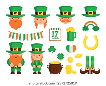 Festive set of bright vectors for St. Patrick's Day with cute leprechauns, gold coins, beer and other elements