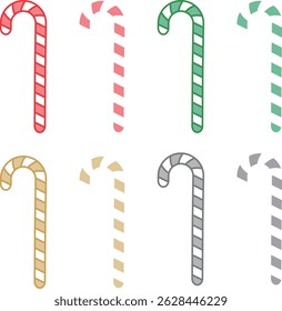 A festive set of candy canes in various colors including red, green, yellow, and gray. Features solid and outline styles. Transparent background for flexible use.